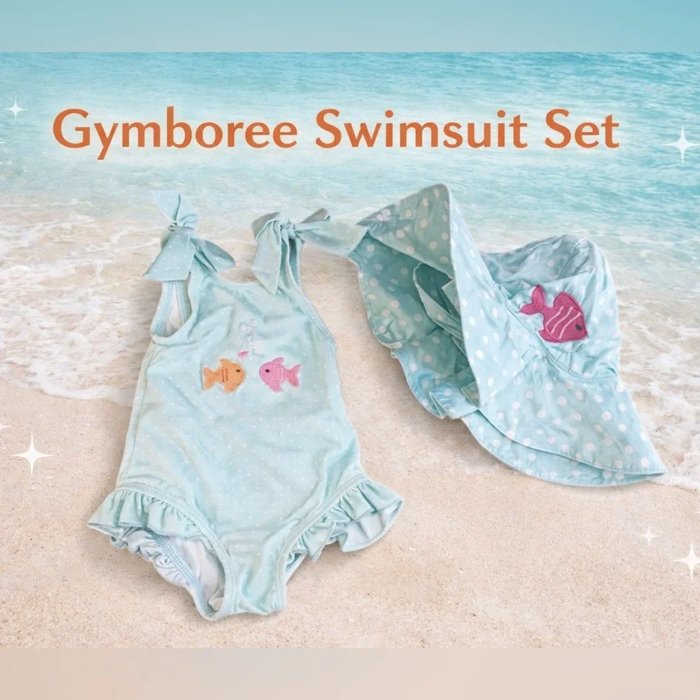 Gymboree Baby Swimsuit Hat Set 0-3M Aqua Polka Dot Fish Beach Swimwear
